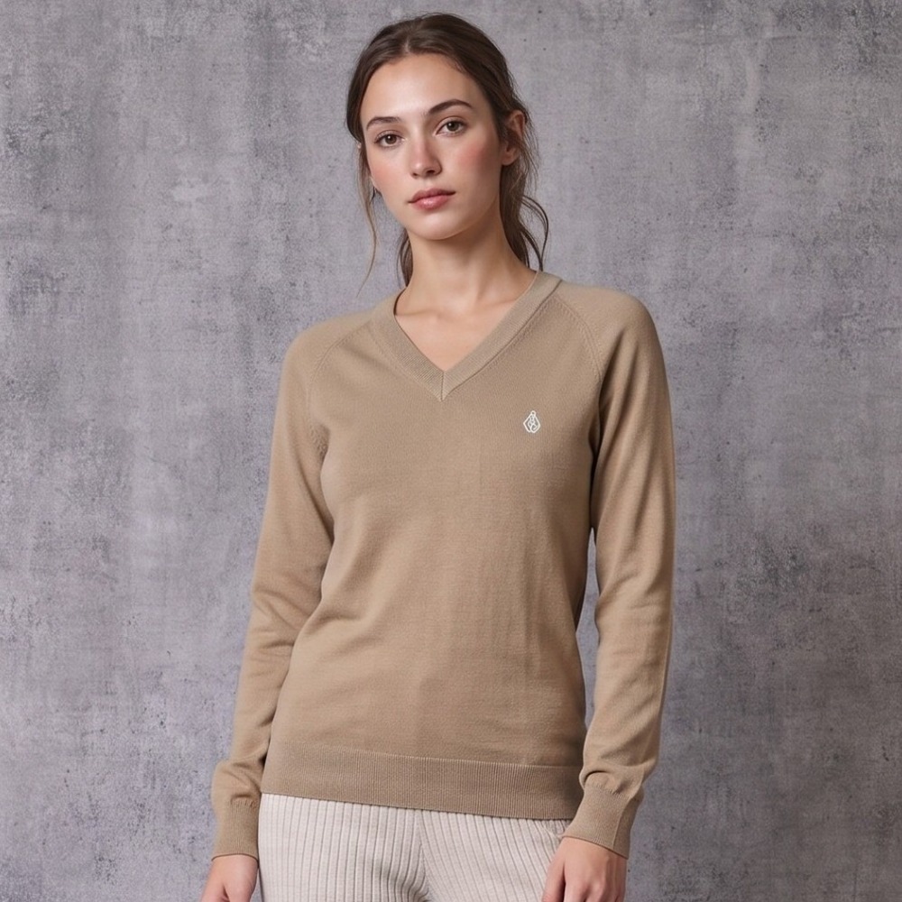 Volcom Mens Small Tan V-Neck Sweater Corpo Class A07313S0 Embroidered Logo Khaki